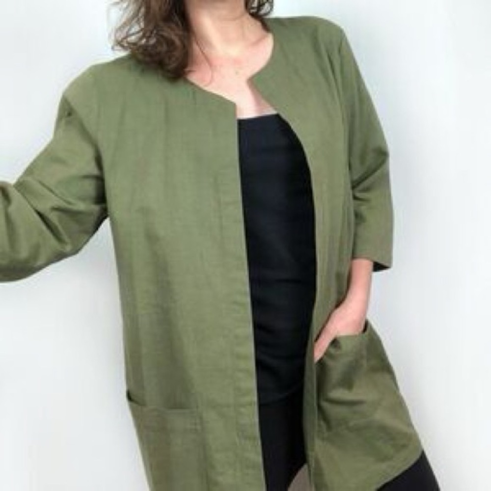 Eileen Fisher Olive Green Organic Cotton Open Front Jacket Size Large Relaxed